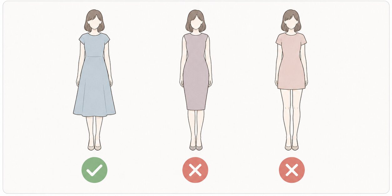 Aラインワンピースはオフィス向き・タイトとミニ丈は注意のデザイン比較イラスト