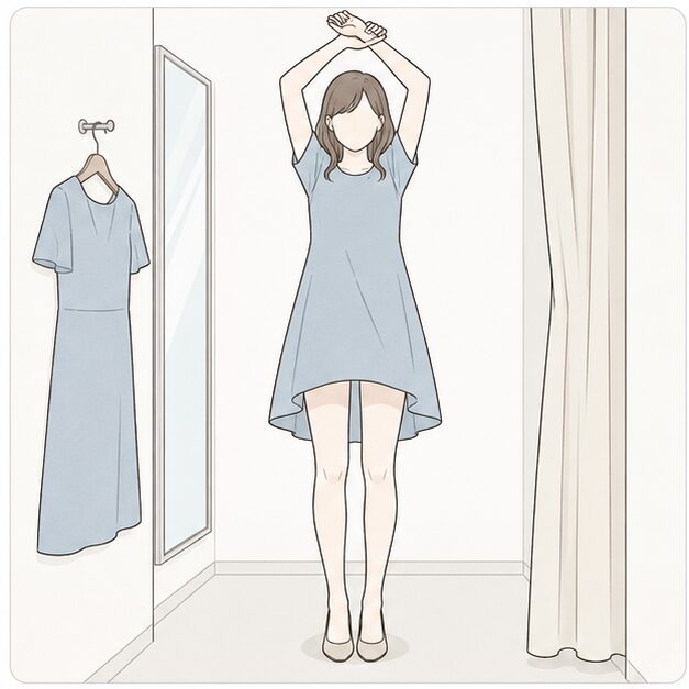 試着室で両手を上げると裾が上がってしまうイラスト