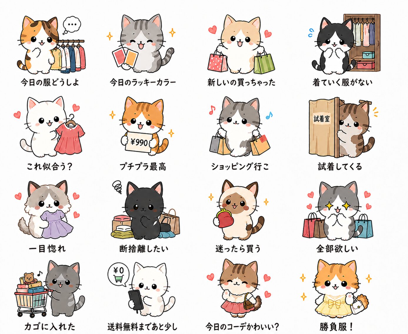 ショッピング大好きゆるかわ猫スタンプ16種