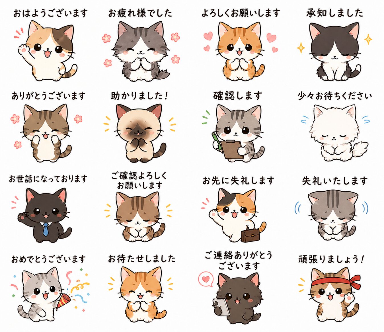 働く女性の職場ねこスタンプ16種