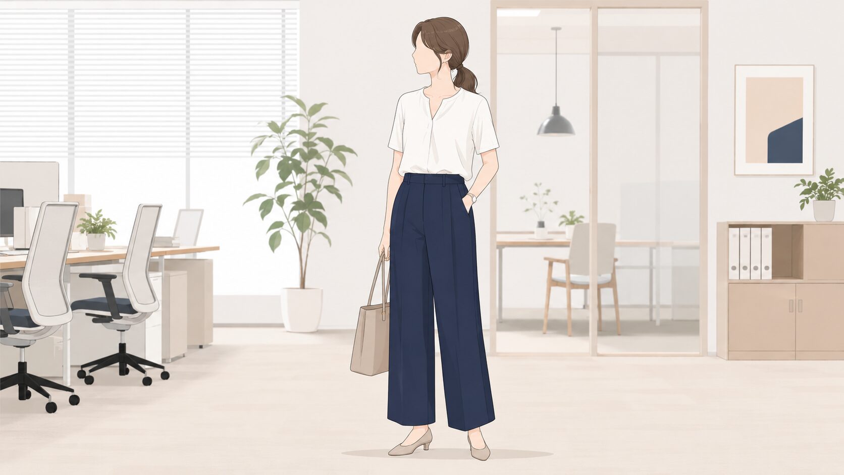 夏のオフィスカジュアル　ワイドパンツコーデのイラスト