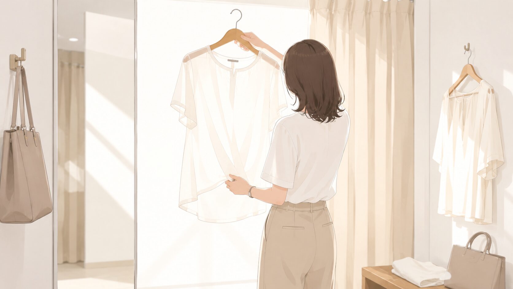 試着室で服を光にかざして透けチェックをしている女性のイラスト