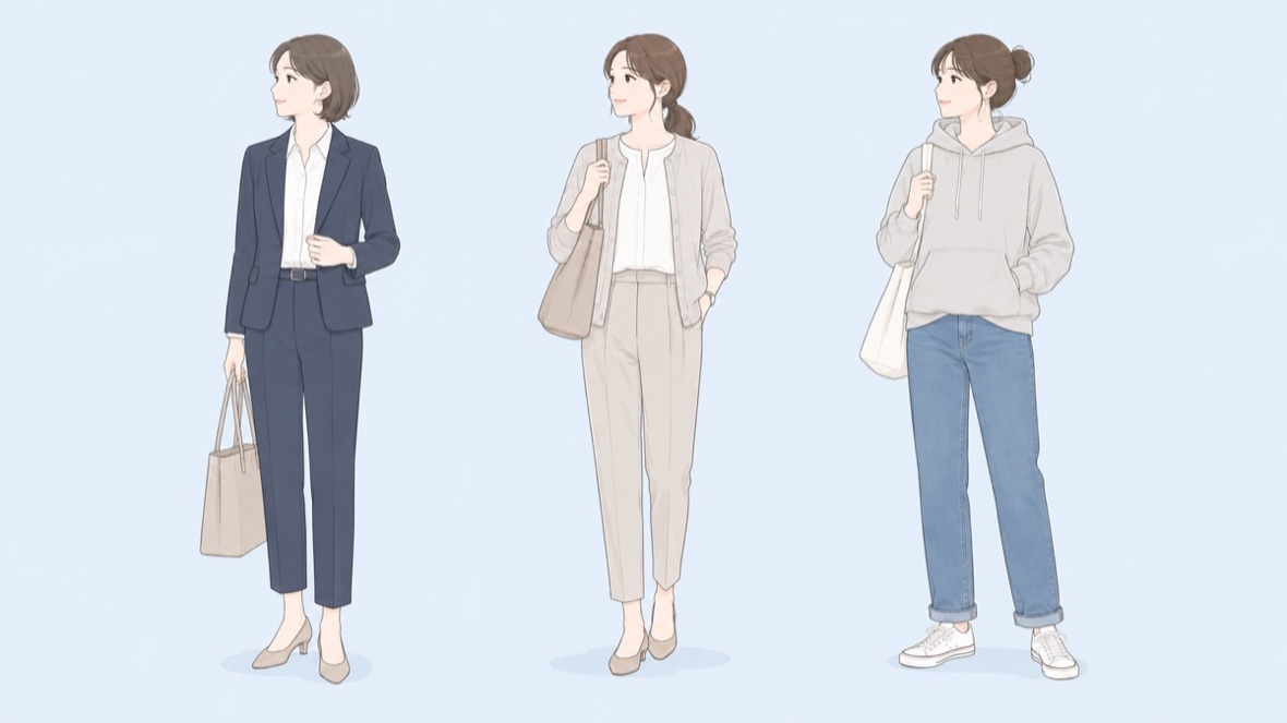 オフィスカジュアルの3つのレベル比較イラスト（カッチリ系・標準系・ゆるめ系）
