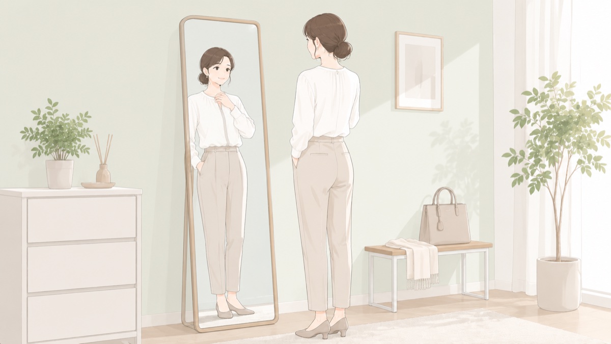 全身鏡の前でオフィスカジュアルの身だしなみを確認する女性のイラスト