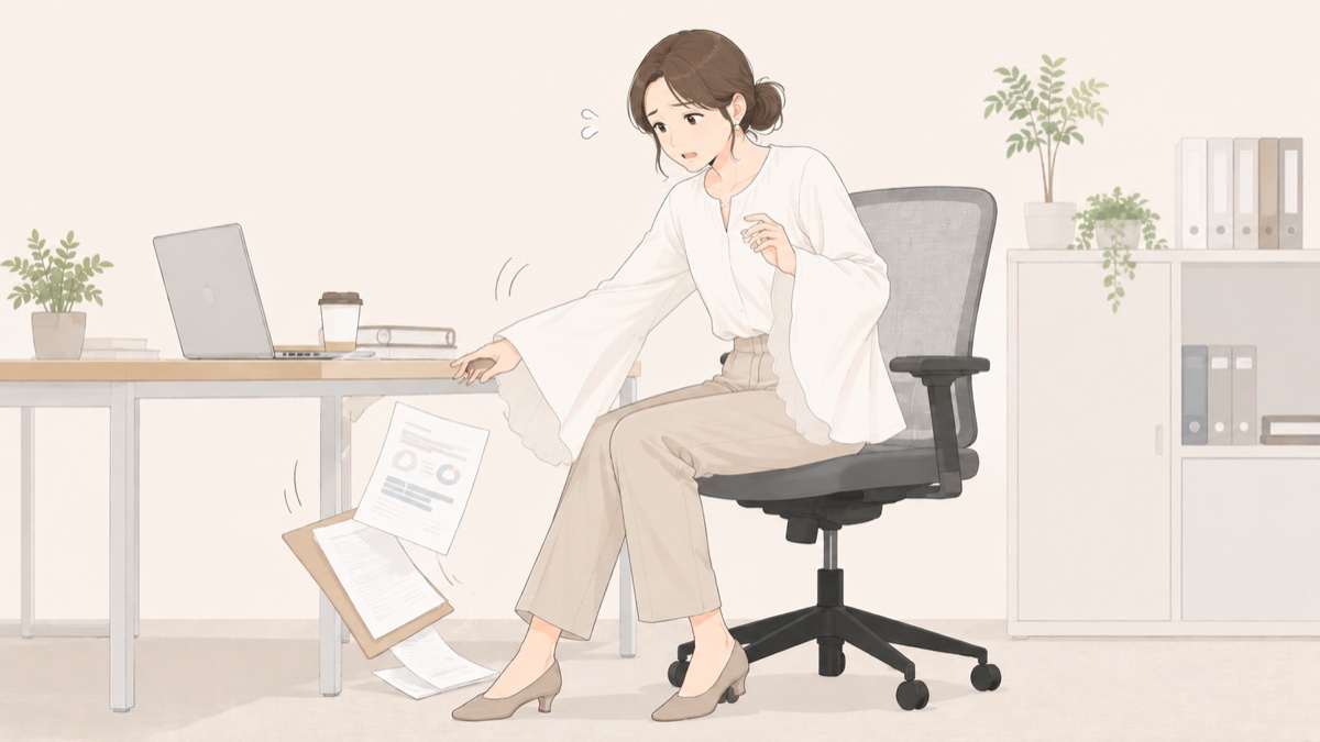 フレア袖がデスクの書類に引っかかって落としてしまうオフィスでの場面イラスト