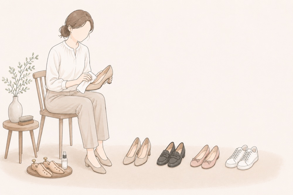 女性がパンプスを布で拭いてお手入れしている様子のイラスト。シューキーパーや防水スプレーも