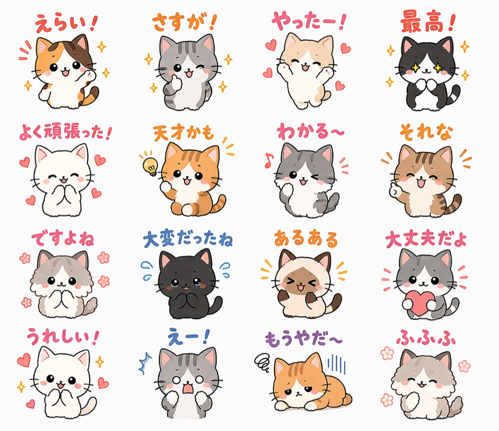 気持ちが伝わる♪ゆるかわ猫スタンプ16種