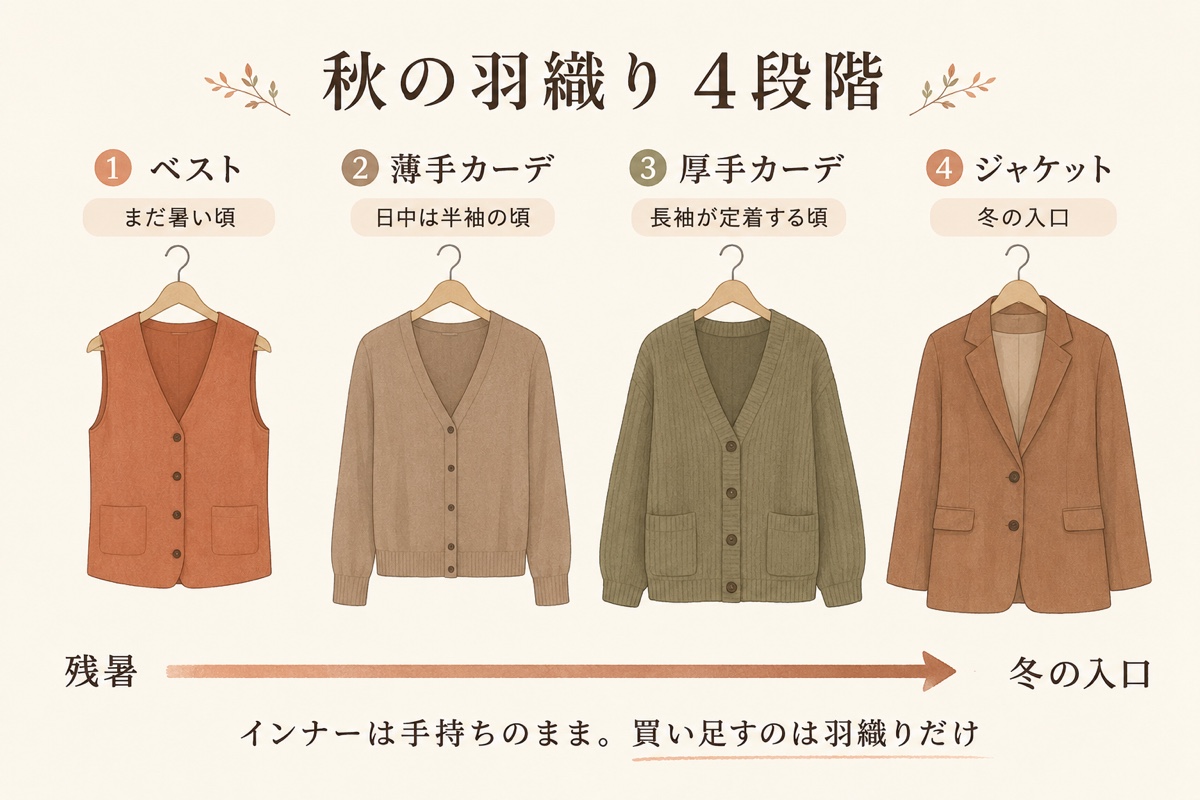 秋の羽織り4段階の図解。ベスト、薄手カーディガン、厚手カーディガン、ジャケットの順に、残暑から冬の入口へ切り替えていく