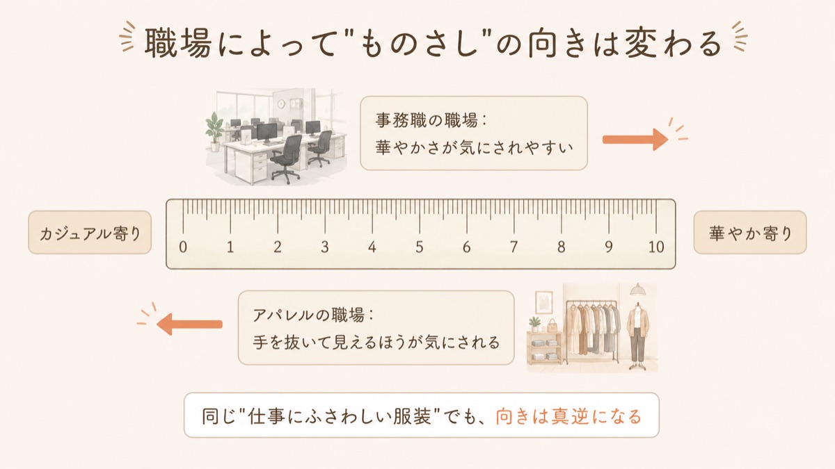 職場によって服装のものさしの向きが変わることを示す図解（事務職は華やかさ・アパレルは手抜きが気にされる）