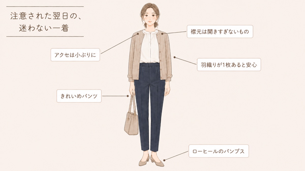 服装を注意された翌日におすすめのコーデ図解（シンプルなブラウス・きれいめパンツ・カーディガン・ローヒールパンプス）