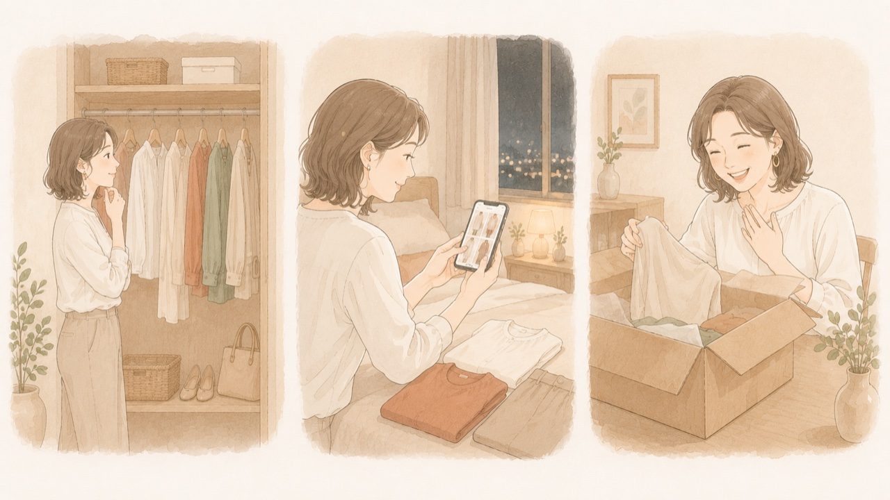 服選びの疲れを軽くする3つの解決策の図解イラスト。減らす・仕組み化する・プロに任せる