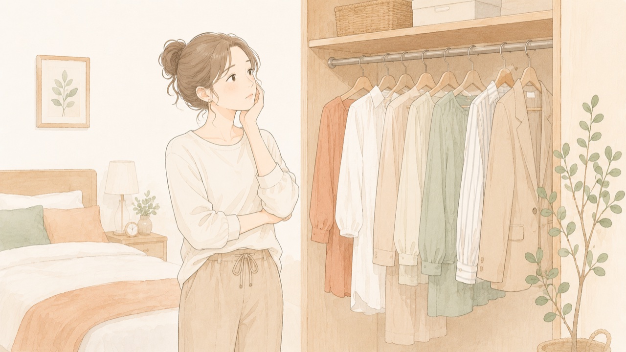 クローゼットの前で服を選べずに悩む女性のイラスト