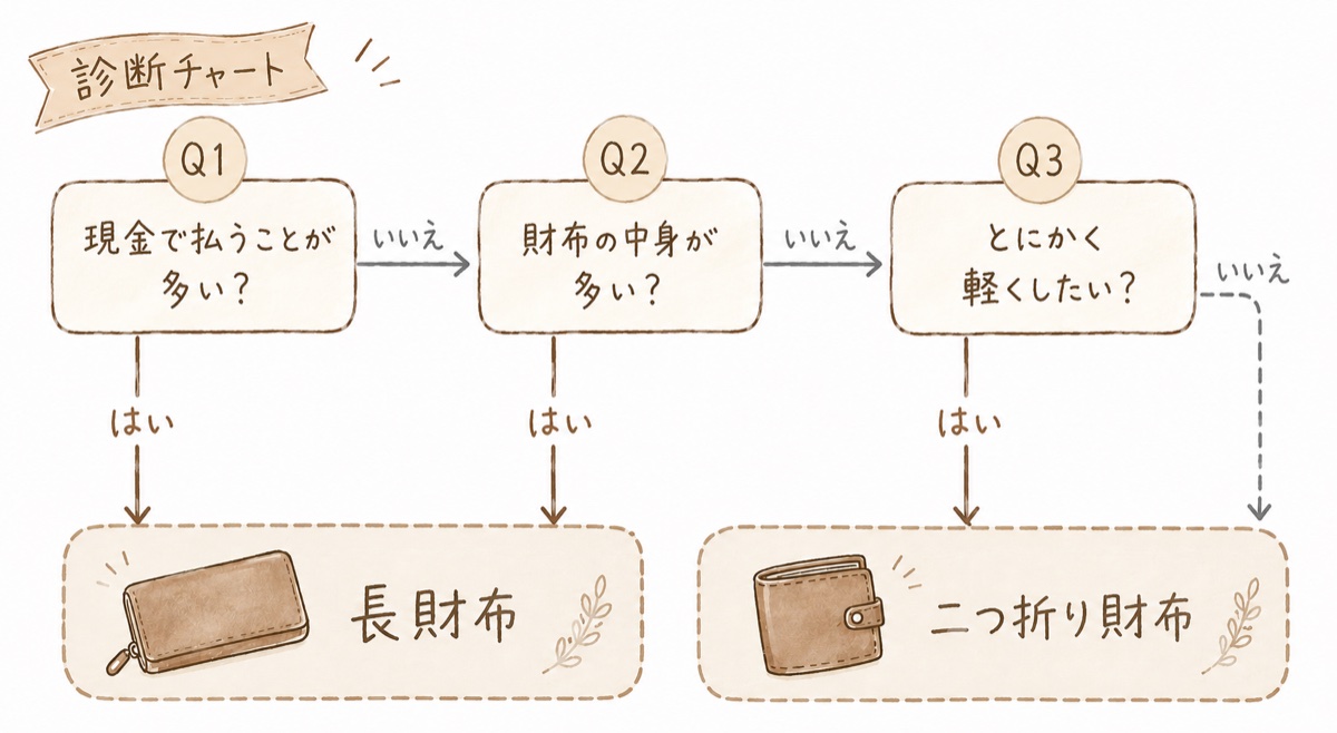 長財布と二つ折り財布どっちがいいか分かる診断チャート。現金派・中身多めなら長財布、軽さ重視なら二つ折り