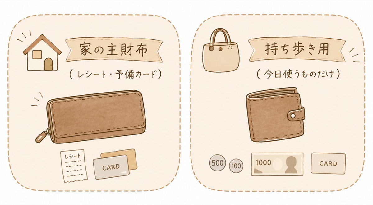 財布の使い分けイラスト。家の主財布は長財布（レシート・予備カード）、持ち歩き用は二つ折り（今日使うものだけ）