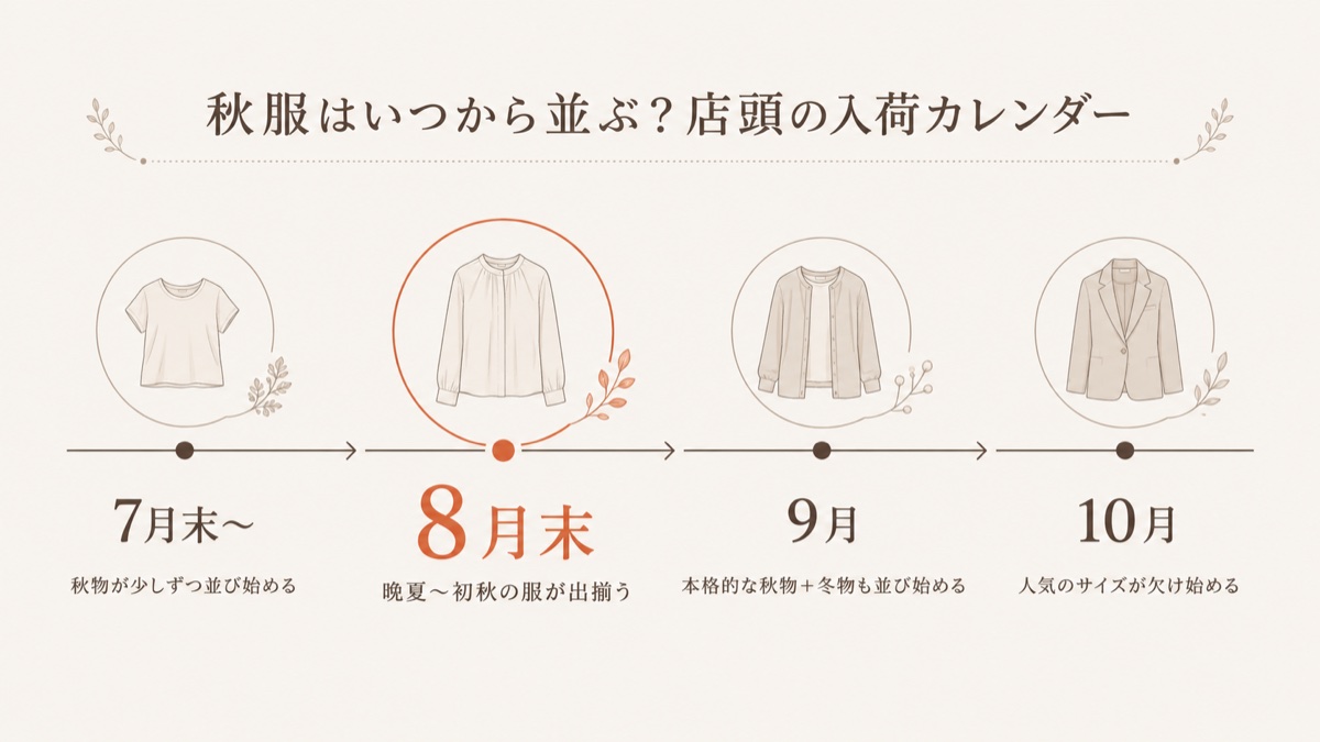 秋服の入荷カレンダー。7月末から秋物が少しずつ並び始め、8月末に晩夏から初秋の服が出揃い、9月は本格的な秋物と冬物が並び、10月には人気のサイズが欠け始める