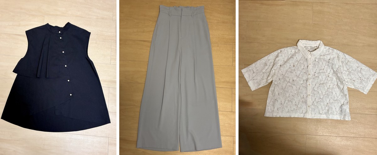 エアークローゼット7回目に届いた3着(黒のノースリーブブラウス・ブルーグレーのタックワイドパンツ・白いレースの半袖シャツ)