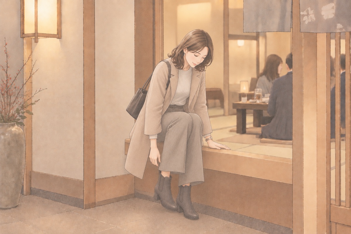 和食店の座敷の上がり框に腰掛けて、サイドゴアのショートブーツを脱ごうとしている女性のイラスト
