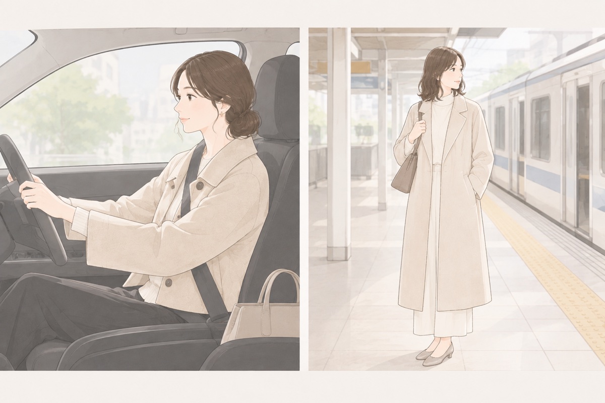 車の運転席でショート丈コートを着る女性と、駅のホームでロング丈コートを着る女性の比較イラスト